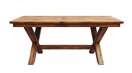 A wooden table with a cross shape design. The table is empty and sits on a white background