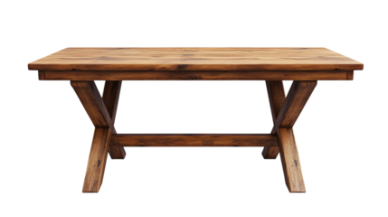 A wooden table with a cross shape design. The table is empty and sits on a white background