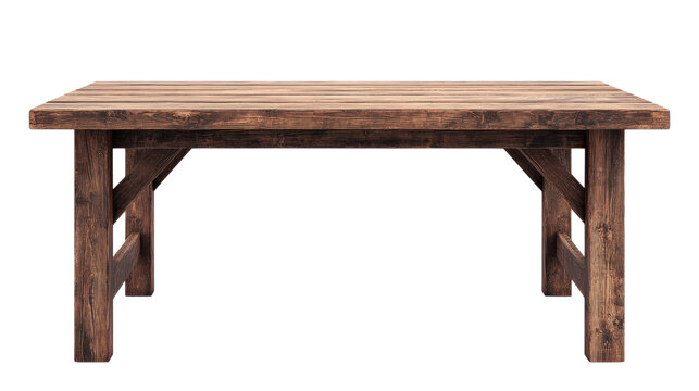A wooden table with a white background. The table is long and has a rustic look to it