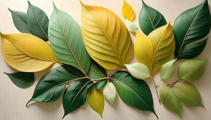The Gentle Hues Of Green And Yellow Leaves Form A Calming Minimalist Arrangement Ideal For Relaxing Nature Themed Spaces