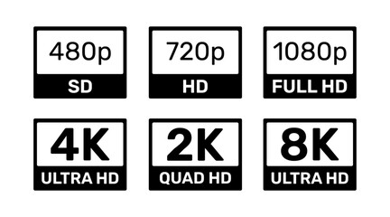 Video resolution labels. Black and White Icon Set: 480p SD to 8K Ultra HD Vector Icon