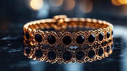 An opulent black onyx and gold bracelet set with intricate filigree details on blurred background