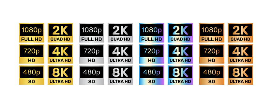 Video resolution labels. 480p to 8K Ultra HD Icons with Gold, Silver, Holographic, and Bronze Metallic Finishes