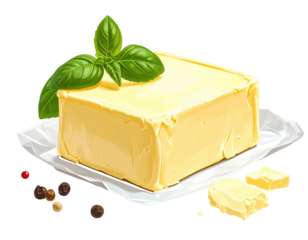 Fresh butter block with basil and pepper on white paper background