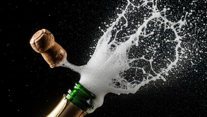 Close-up of champagne bottle being opened with cork popping and foam spraying against a dark