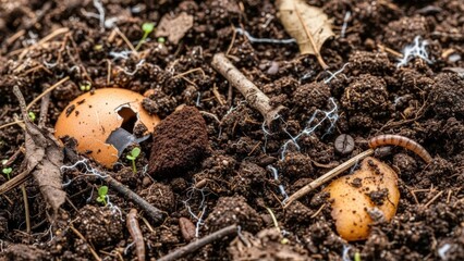 Close-up of two spotted mushrooms growing in dark brown soil with twigs and leaves