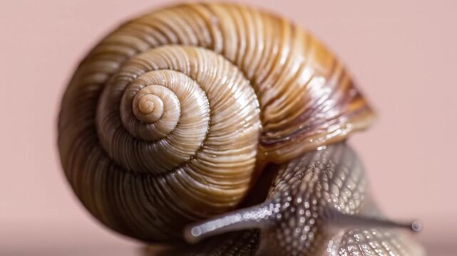Close up snail with spiral shell macro photography