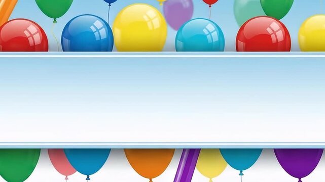 This vibrant and cheerful animated background features a delightful array of colorful balloons in various shapes and sizes, playfully floating and bobbing against a soft, gradient sky. A prominent, cl