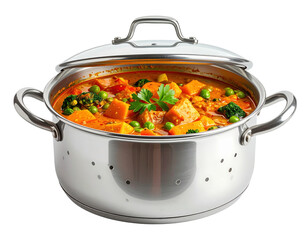 Delicious vegetable curry in a shiny stainless steel pot with lid