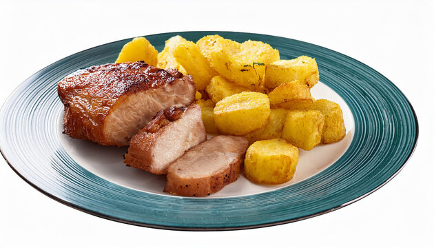 Prato Com Lombo Suino Fatiado Acompanhado De Mandioca Frita Isolado Em Fundo Transparente