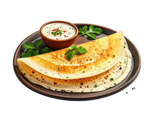 Crispy dosa with coconut chutney, garnished with parsley on a brown plate