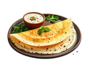 Crispy dosa with coconut chutney, garnished with parsley on a brown plate