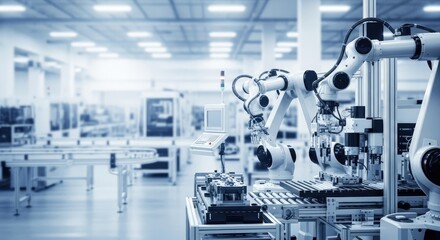 Robotic arms in a factory setting, with a blurred background of industrial machinery.