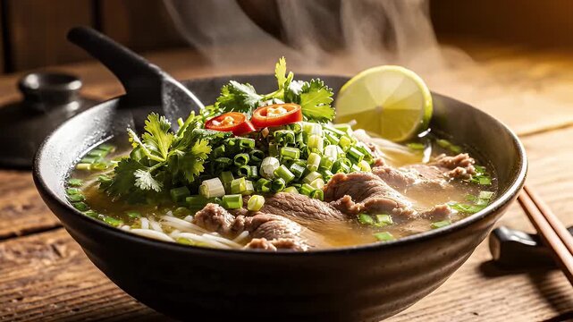 A steaming bowl of pho soup with beef and fresh garnishes