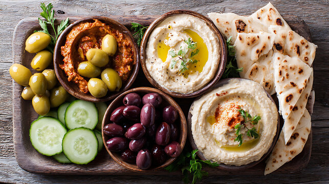 Delicious Spread of Dips and Fresh Ingredients Arranged on a Wooden Board for Sharing