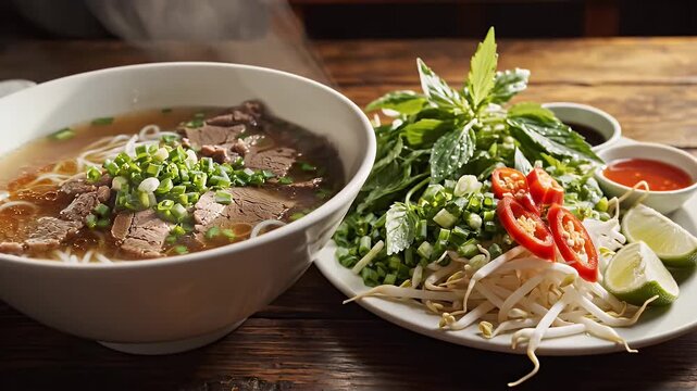 Steaming bowl of beef pho soup with side garnishes