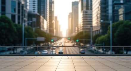 Empty city street with modern buildings and traffic lights in the distance.