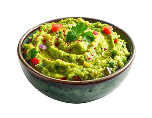 Freshly made guacamole in a rustic bowl with garnishes on white background