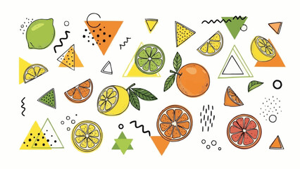 Vibrant Citrus Fruits Collection with Abstract Geometric Shapes.