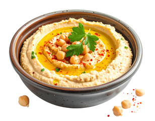 Creamy hummus bowl with chickpeas, parsley, and olive oil, isolated on white