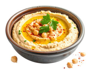 Creamy hummus bowl with chickpeas, parsley, and olive oil, isolated on white