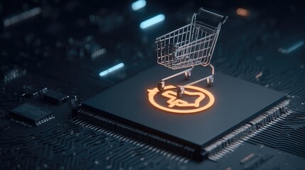 Digital Shopping Cart on Microchip with Glowing Dollar Sign.