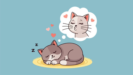 A serene flat design illustration featuring a cute cartoon cat peacefully sleeping, with dream bubbles full of hearts, symbolizing sweet dreams of love. 