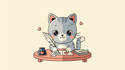 A charming flat design illustration depicting a cute cartoon cat diligently writing a heartfelt love note, capturing the essence of romantic communication. 
