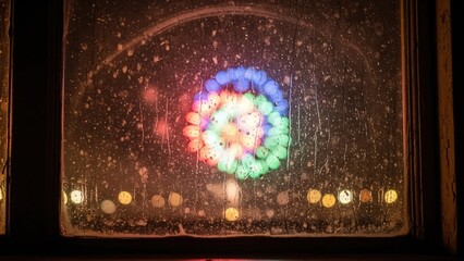 Rainy night view of a colorful circular light display through a window with raindrops