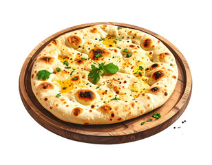 Golden naan bread with herbs and oil on a rustic wooden board