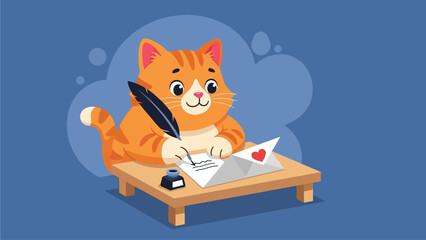 A charming flat design illustration depicting a cute cartoon cat diligently writing a heartfelt love note, capturing the essence of romantic communication. 