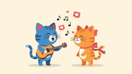 An adorable flat design illustration of a cute cartoon cat playing a ukulele, serenading with a song of love, perfect for romantic and musical themes.