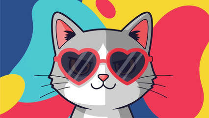 A trendy flat design illustration of a cute cartoon cat sporting stylish heart-shaped sunglasses, adding a cool and playful touch to Valentine's Day. This vector art is fun and fashionable.