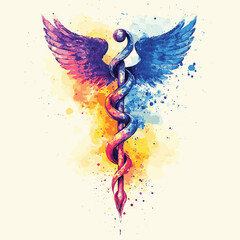 Obraz premium Colorful watercolor caduceus symbol with wings and paint splatters , vector style simple color