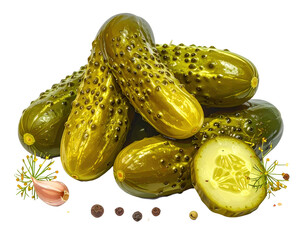 Pickled cucumbers still life with garlic, dill, and pepper on white background