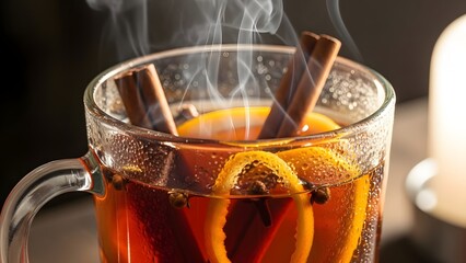 Close-up of steaming hot winter drink with cinnamon sticks, cloves, and orange peel in a glass mug