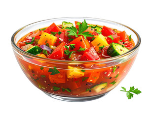 Vibrant vegetable gazpacho in glass bowl