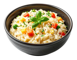 Delicious vegetable rice in dark bowl garnish with basil