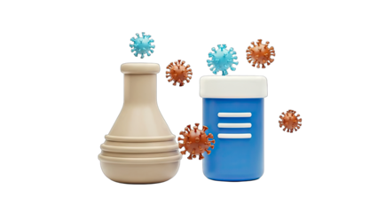 Virus Treatment: Flask and Medicine Bottle with Coronavirus Particles