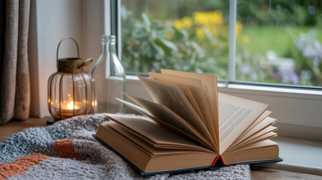 Cozy reading nook by window with open book, warm candle light, and soft blanket