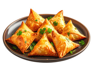Golden samosas with cilantro on dark plate, isolated on white background