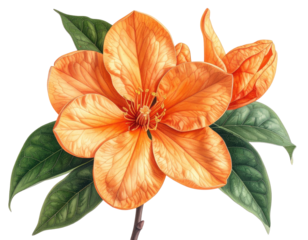 Detailed illustration of an orange flower with green leaves on black