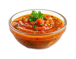 Close-up of a vibrant tomato sauce in a glass bowl