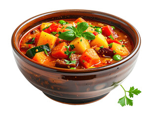 Rustic bowl of hearty vegetable stew with basil garnish on white background