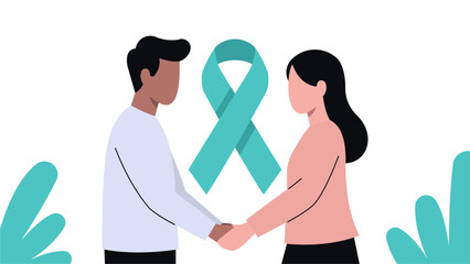 World Cancer Day Solidarity Illustration with Two People Holding Awareness Ribbon