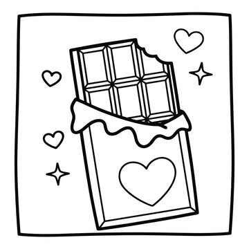 Black and white line art of a chocolate bar with a bite taken out candy sweet