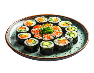 Colorful sushi rolls arranged in a decorative pattern on a teal plate