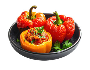 Close-up of colorful stuffed peppers in a black dish