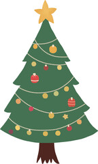 Obraz premium Minimalist Flat Christmas Tree with Golden Star and Festive Ornaments.