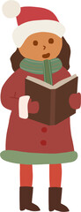 Young girl in winter clothes singing Christmas carols from a songbook.